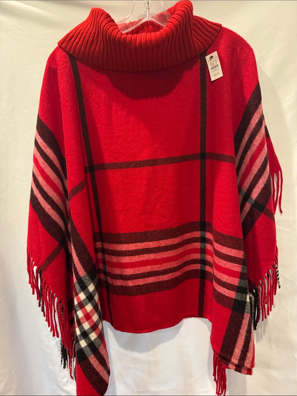 Talbots Red Plaid Turtleneck Poncho with Fringe Size XS/S